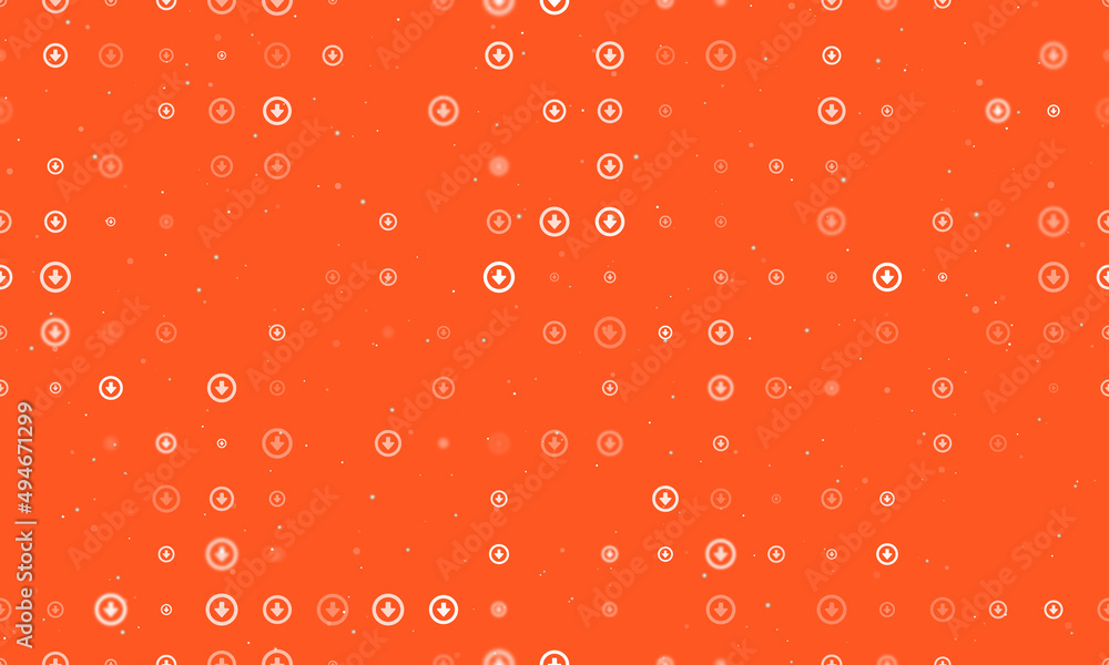 Seamless background pattern of evenly spaced white download symbols of different sizes and opacity. Vector illustration on deep orange background with stars Seamless background pattern of evenly spaced white download symbols of different sizes and opacity. Vector illustration on deep orange background with stars