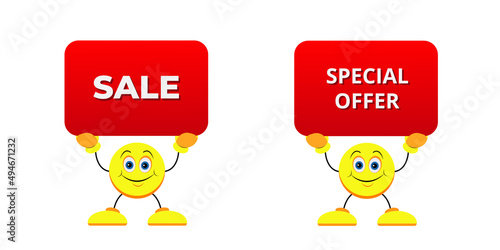 Two cartoon men, emoticons hold red cards with the inscription SALE, SPECIAL OFFER on a white background. Sales concept for a store, website. Vector illustration.