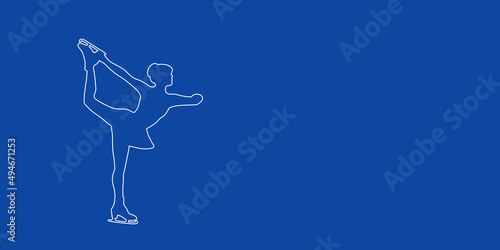 A large white outline female figure skating symbol on the left. Designed as thin white lines. Vector illustration on blue background