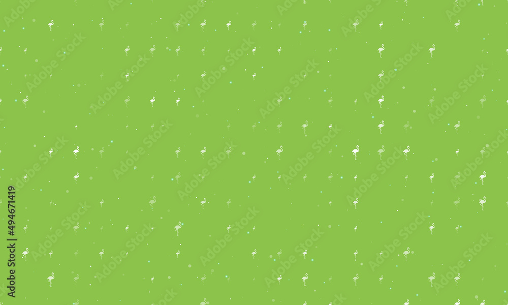 Seamless background pattern of evenly spaced white flamingos symbols of different sizes and opacity. Vector illustration on light green background with stars Seamless background pattern of evenly spaced white flamingos symbols of different sizes and opacity. Vector illustration on light green background with stars
