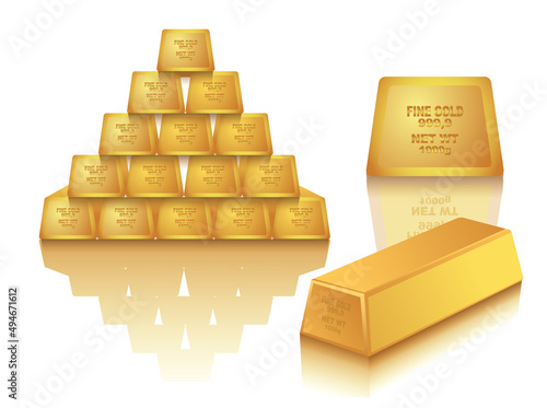 Realistic 3D rendering illustration of gold 

bars stacked in the shape of pyramid as a 

business financial banking isolated on white 

background.
