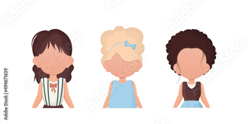 A set of cute girls is depicted waist high. Isolated on white background. Vector.