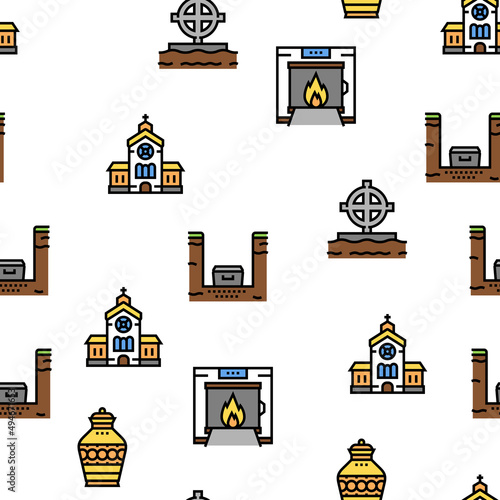 Funeral Burial Service Vector Seamless Pattern Thin Line Illustration