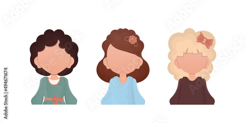 A set of cute girls is depicted waist high. Isolated on white background. Vector illustration.