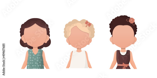 A set of cute girls is depicted waist high. Cartoon style. Vector.