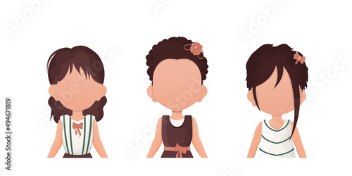 A set of cute baby girls is depicted waist high. Isolated on white background. Vector.