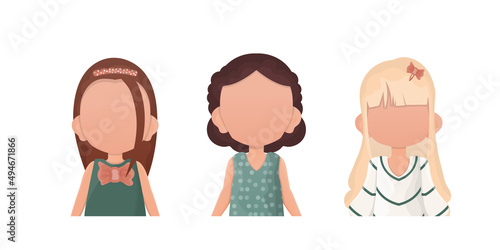A set of cute baby girls is depicted waist high. Cartoon style. Vector.