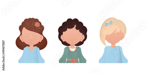 A set of cute baby girls is depicted waist high. Cartoon style. Vector illustration.