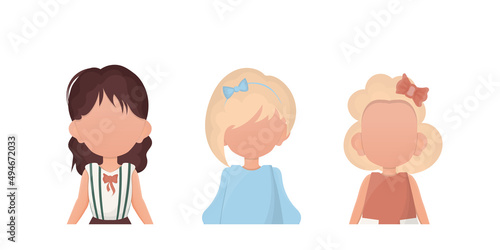 A set of little girls is depicted waist high. Cartoon style. Vector illustration.