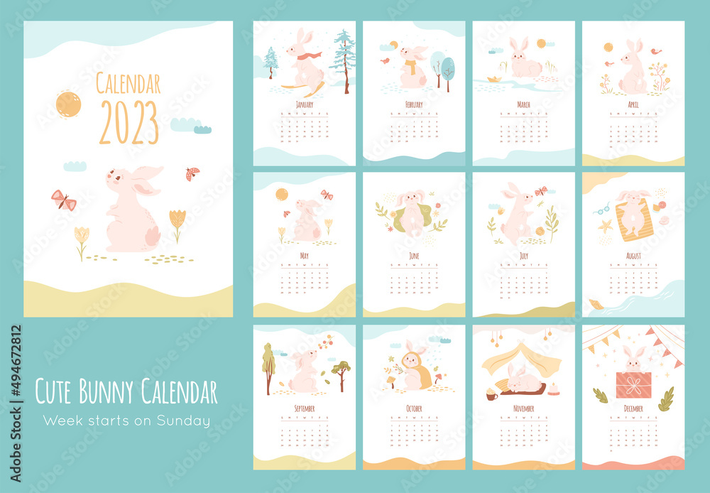 Calendar 2023 with cute rabbit. Set of 12 vector minimal illustrations with symbol of the year in different season activities, nature elements. Cartoon bunny in pastel colors, kids monthly print	
