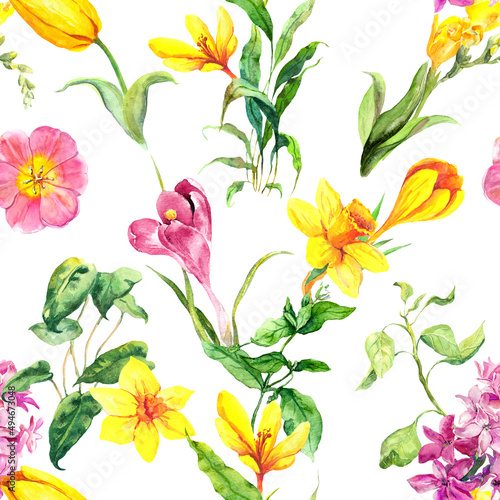 Spring flowers repeated backdrop. Floral seamless pattern. Watercolor botanical ornament with decorative blossom plants  grass