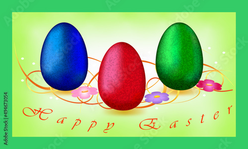 Painted multicolored Easter eggs on a luxurious green background. A magnificent greeting card for the Easter holiday. Vector illustration.