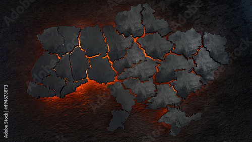 Canvas Print Black map of Ukraine over fire glowing metal background