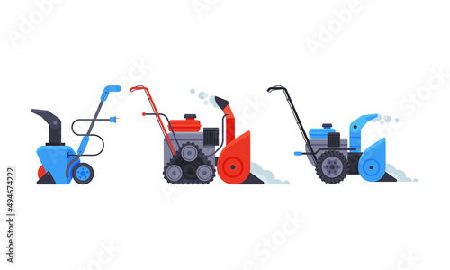 Snowblowers set. Snow removal equipment vector illustration