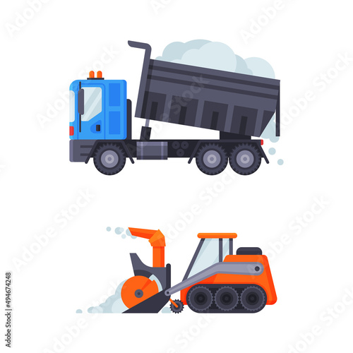 Snowplow winter vehicles set. Snow cleaning professional industrial transport vector illustration