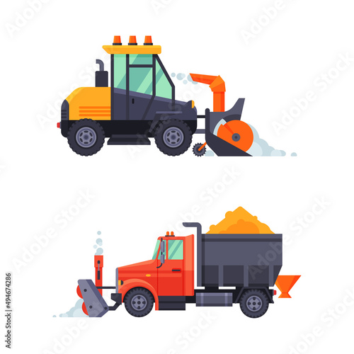 Snowplow winter vehicles set. Road cleaning truck, professional industrial transport vector illustration