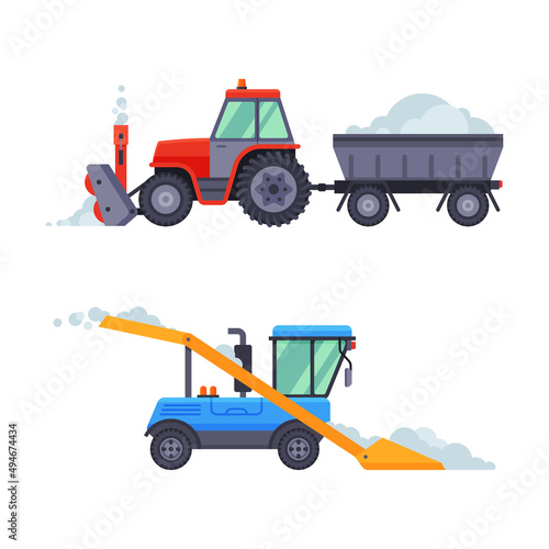 Snowplow professional industrial transport set. Tractors for road cleaning vector illustration