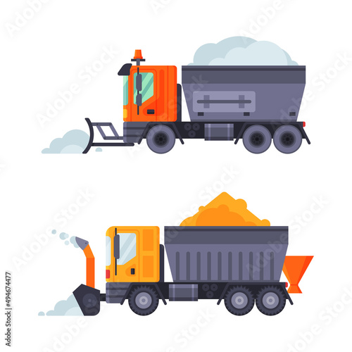 Snowplow vehicles set. Road cleaning trucks, professional industrial transport vector illustration