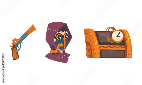 Female head in steampunk headgear and mask, mechanical device and revolver gun cartoon vector illustration
