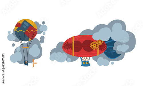 Steampunk hot air balloon and dirigible cartoon vector illustration