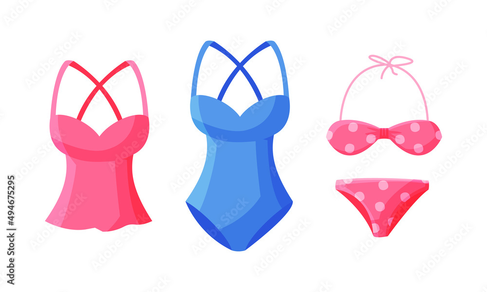 Swimwear set. Tank top and swimsuits. Summer vacation objects cartoon vector illustration