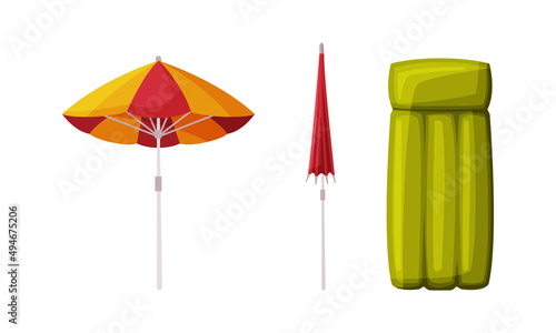 Inflatable mattress and beach sun umbrella. Travel and summer vacation objects cartoon vector illustration