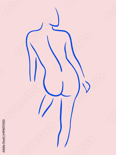 Trendy line art woman body. Minimalistic blue lines drawing. Female figure continuous line abstract drawing. Modern scandinavian design. Naked body vector illustration.