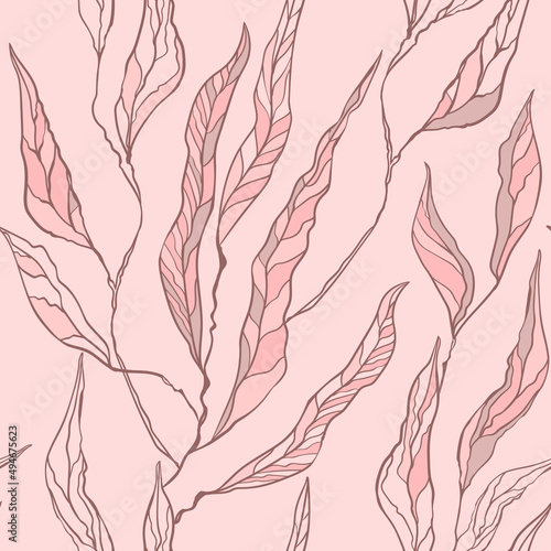 Fototapeta Naklejka Na Ścianę i Meble -  Seamless soft pink pattern with large long leaves on a square background. The vertical direction of the drawing