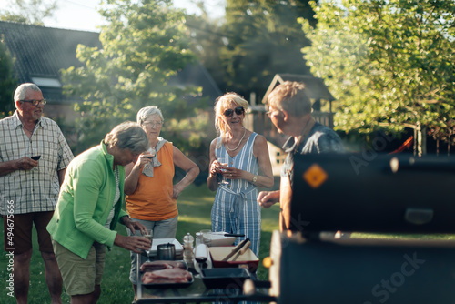 group of senior people enjoying life on a barbecue in the garden - elderly friends talk and drink outdoors