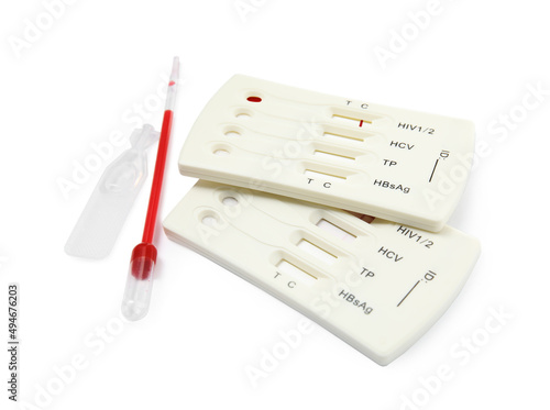 Disposable express hepatitis test kit on white background