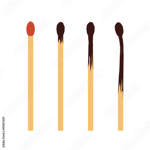 Burning of match at different stages. Lightning equipment in flat style.