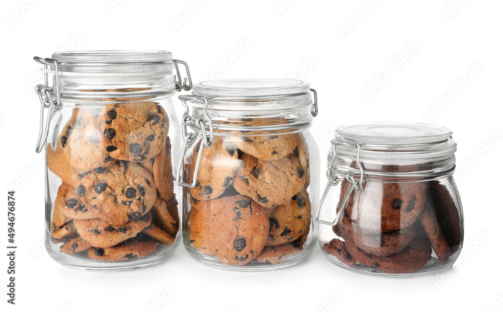 Jars of chocolate chip cookies on white background Jars of chocolate chip cookies on white background