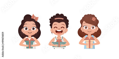 A set of happy girls who hold a gift in their hands. Drawing in cartoon style. Vector illustration.