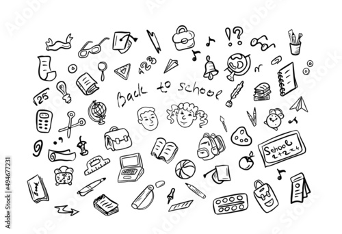 Set of different school objects in vector.Boy and girl back to school. Different school subjects in doodle