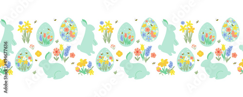 Easter horizontal seamless border pattern. Cute floral easter rabbit bunny eggs spring flowers. Eggs hunt repeated border. Cute easter rabbits on meadow floral background. Spring vector illustration.