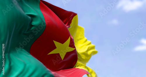 Detail of the national flag of Cameroon waving in the wind on a clear day photo