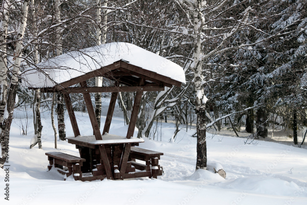 gazebo for a picnic in the winter forest gazebo for a picnic in the winter forest