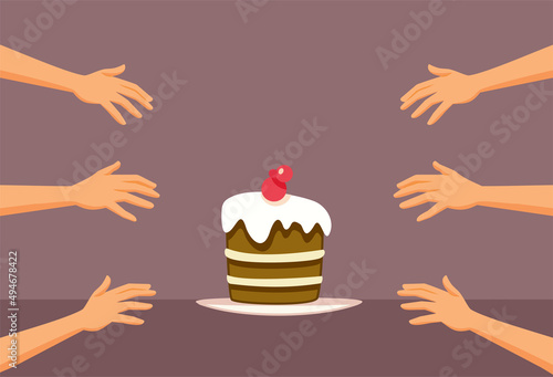 Hands Rushing to Grab Cake Vector Cartoon Illustration