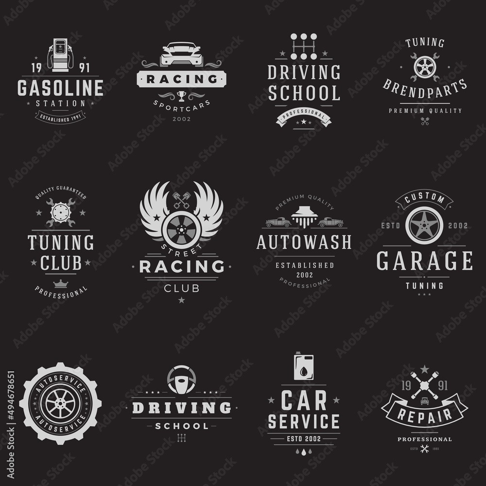 Car service logos templates set. Vector objects and icons for garage labels, car badges, repairs logos design, emblems graphics. Whel silhouettes, piston symbols.