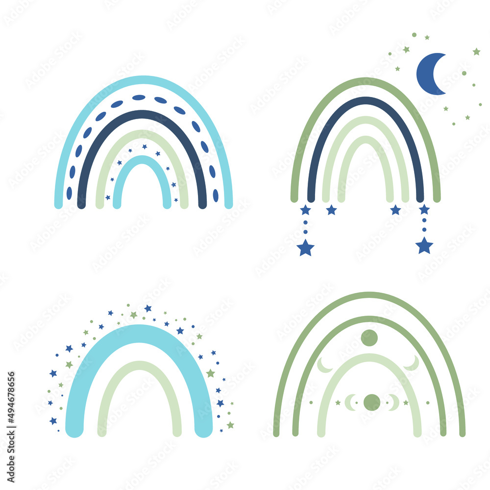 Celestial rainbow set. Cute rainbows in blue and creamy pastel colors with stars, moon. Perfect for baby designs, clothes print, decoration Celestial rainbow set. Cute rainbows in blue and creamy pastel colors with stars, moon. Perfect for baby designs, clothes print, decoration