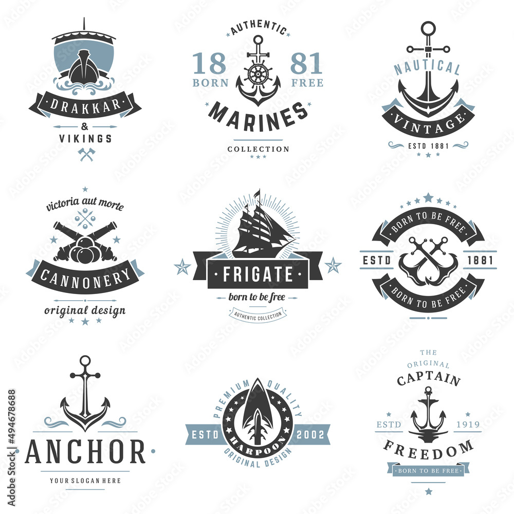 Nautical logos templates set vector objects and icons for marine labels, sea badges, anchor logos design, emblems graphics. Ship silhouettes, anchor symbols.