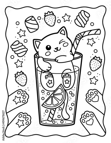 Kawaii coloring page. Cool kitten in a glass with lemonade. Coloring book. Black and white illustration.