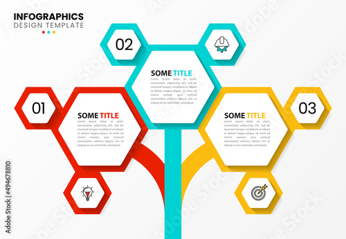 Infographic template with icons and 3 options or steps. Hexagon