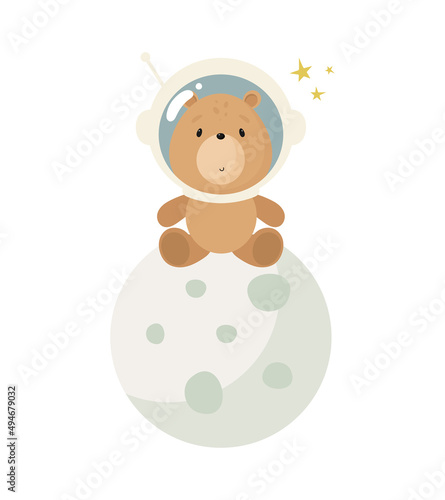 Cute Bear in the space. Cartoon style. Vector illustration. For kids stuff, card, posters, banners, children books, printing on the pack, printing on clothes, fabric, wallpaper, textile or dishes.