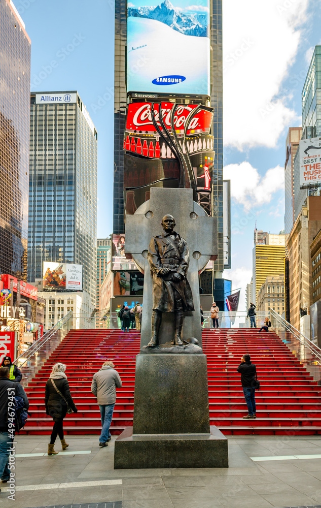 Hold sammen med filthy Etablering Duffy Square Monument with red Staircase at Time Square New York, People  walking on the stairs, low angle view during daytime, vertical Stock Photo  | Adobe Stock