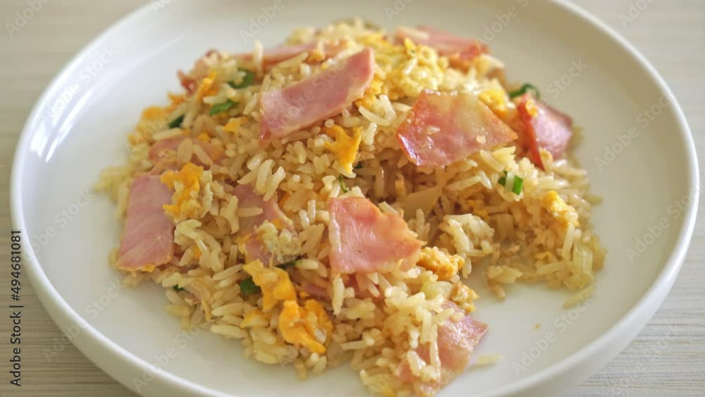 homemade bacon ham fried rice on white plate homemade bacon ham fried rice on white plate