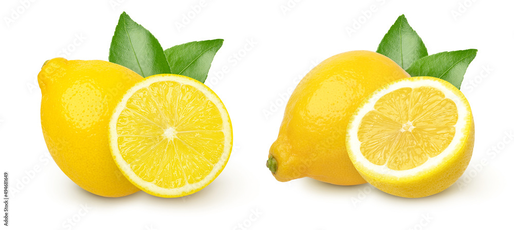 lemon fruit and half with leaves isolated on white background, Fresh and Juicy Lemon lemon fruit and half with leaves isolated on white background, Fresh and Juicy Lemon