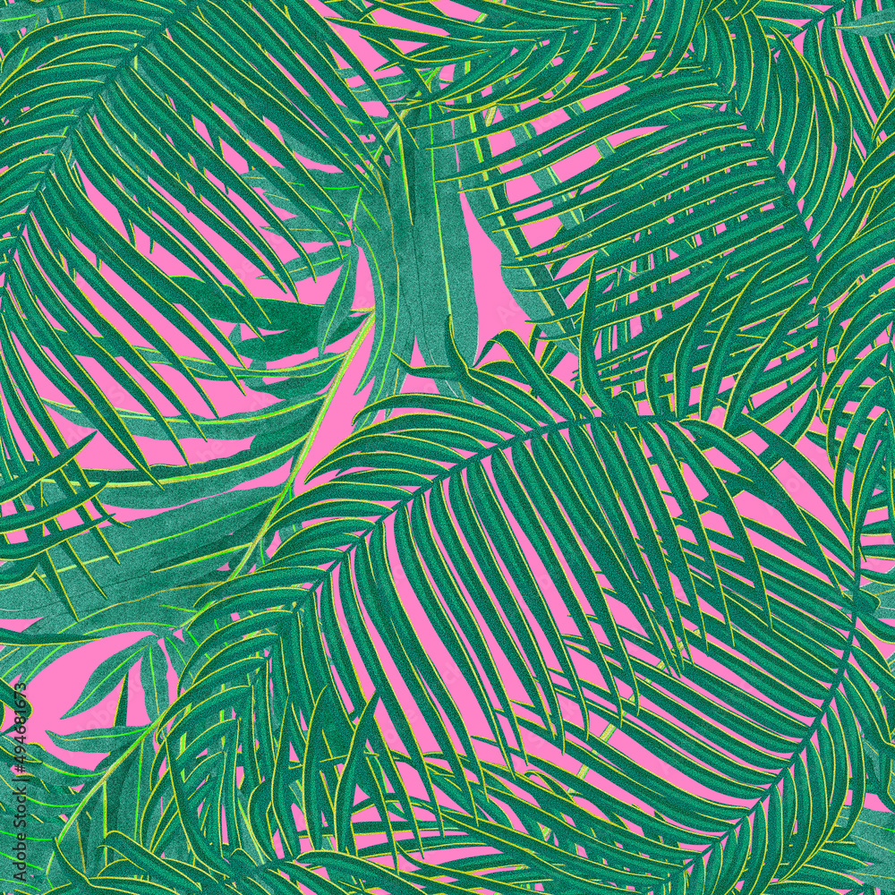 Bright tropical seamless patterns. Exotic lush flora from tropical countries. Vibrant jungle plants and leaves for fabric design, graphic design, wallpaper design.