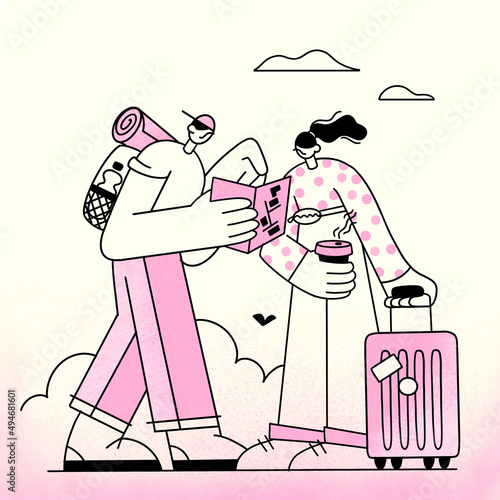 Illustration for website banner or presentation slide. Two characters with suitcases are looking for a way on the map. Linear illustrations people travel the world, move or relocate. One color - pink  photo