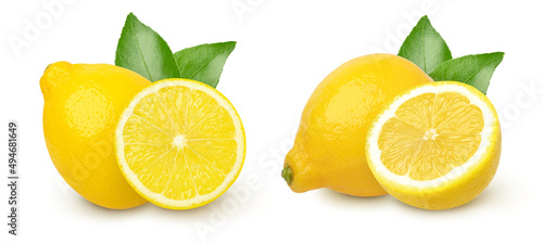 lemon fruit and half with leaves isolated on white background, Fresh and Juicy Lemon